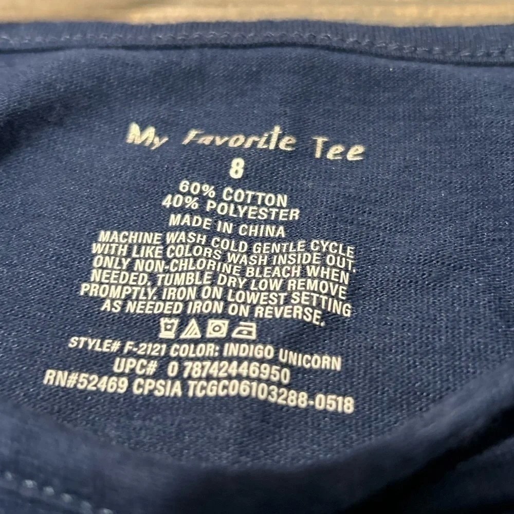 B005. Girls blue/ pink long sleeve tee with unicorn. Size 8 - Picture 3 of 3